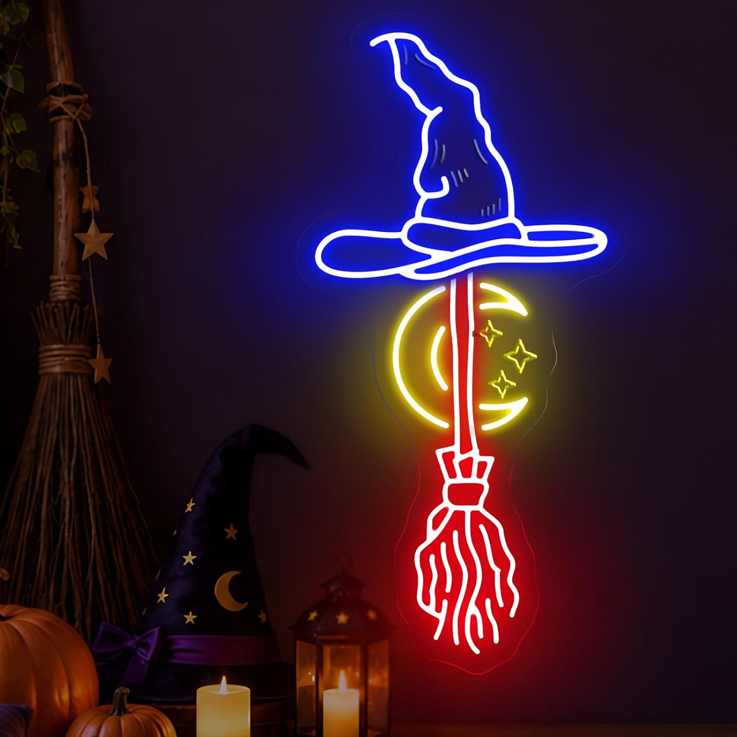 Neon Sign Party - Cadı Şapkası ve Süpürge Neon Tabelası,